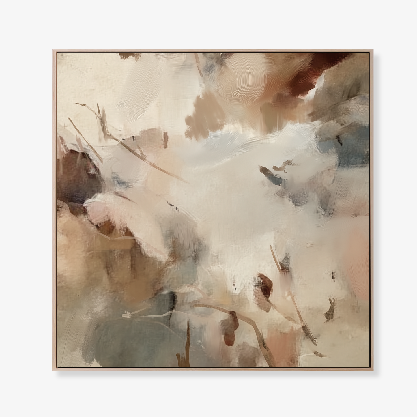 Abstract art painting with soft, blended colors printed on canvas in a oak float frame