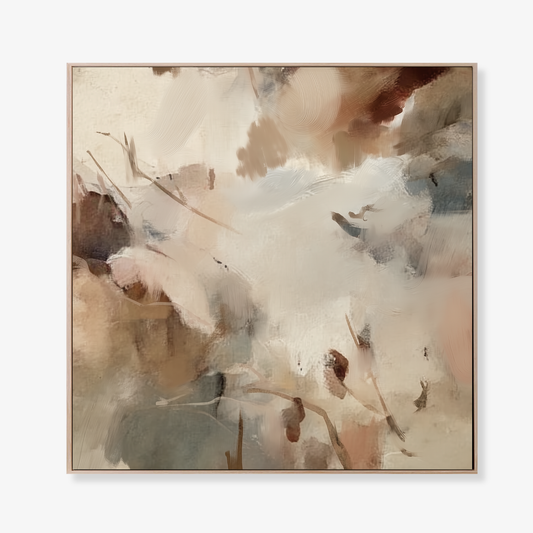 Abstract art painting with soft, blended colors printed on canvas in a oak float frame