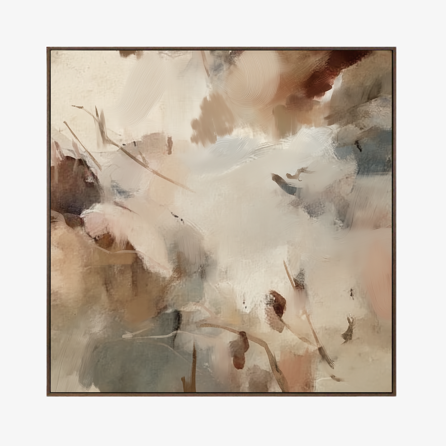 Abstract art piece with soft, blended colors on a white background framed in a walnut float frame