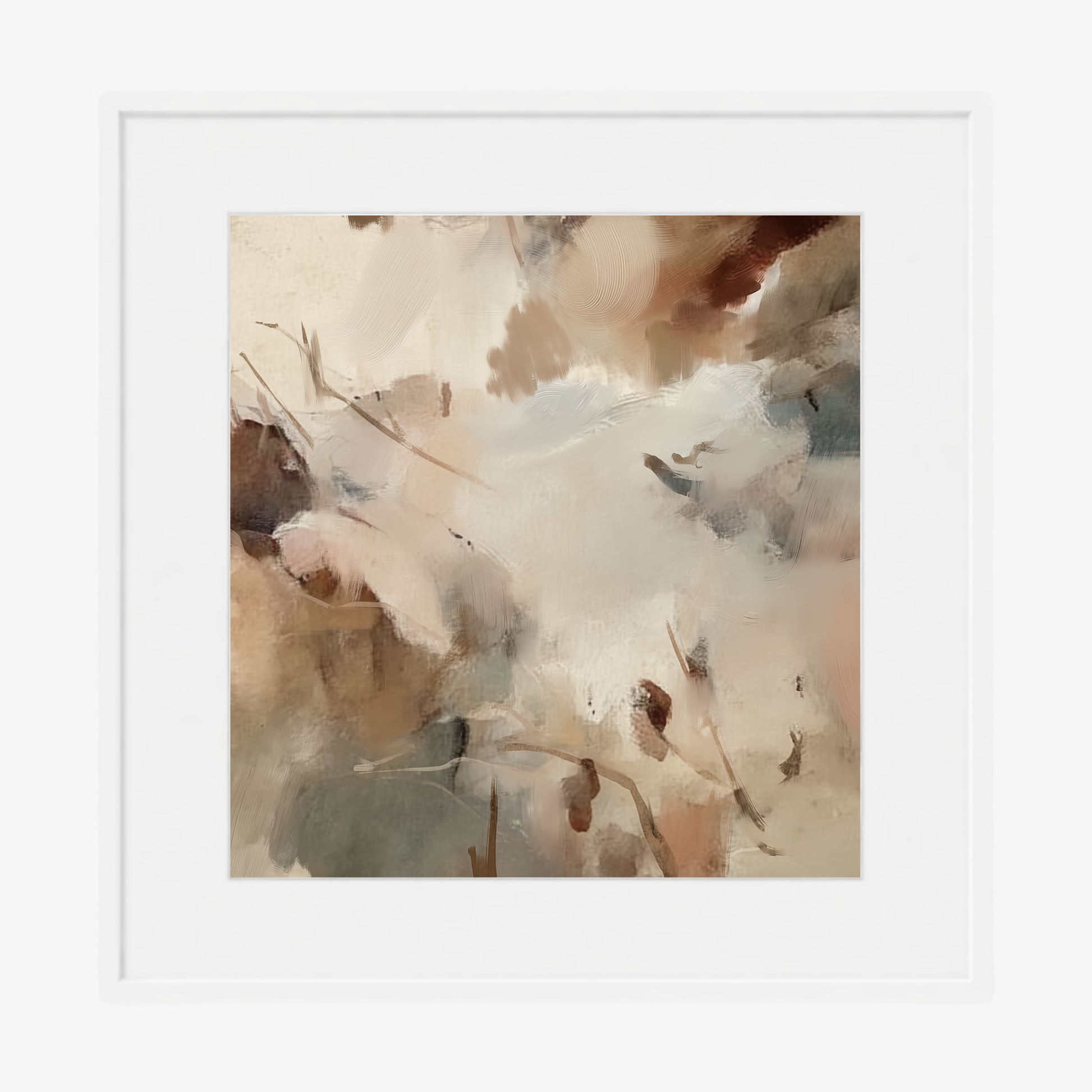 Abstract art print with soft beige, brown, and gray tones on a white background