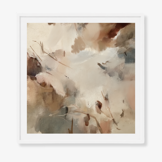 Abstract art print with soft, blended colors in a white frame.