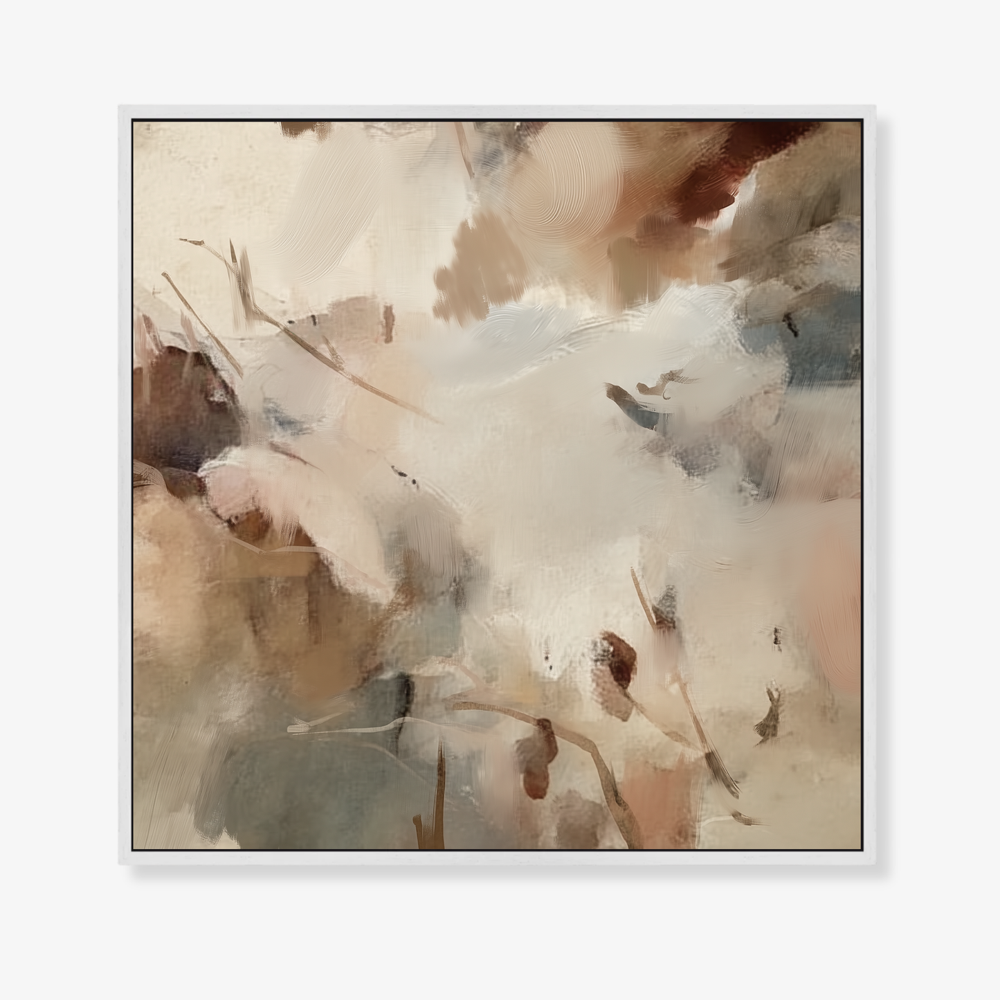 Abstract art work with soft, pastel colors stretched canvas in a white float frame on a white background