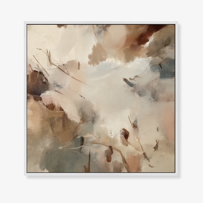 Abstract art work with soft, pastel colors stretched canvas in a white float frame on a white background