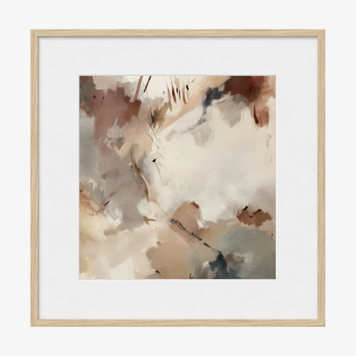 Silt I abstract artwork in oak frame styled on neutral wall with whit emat board. 
