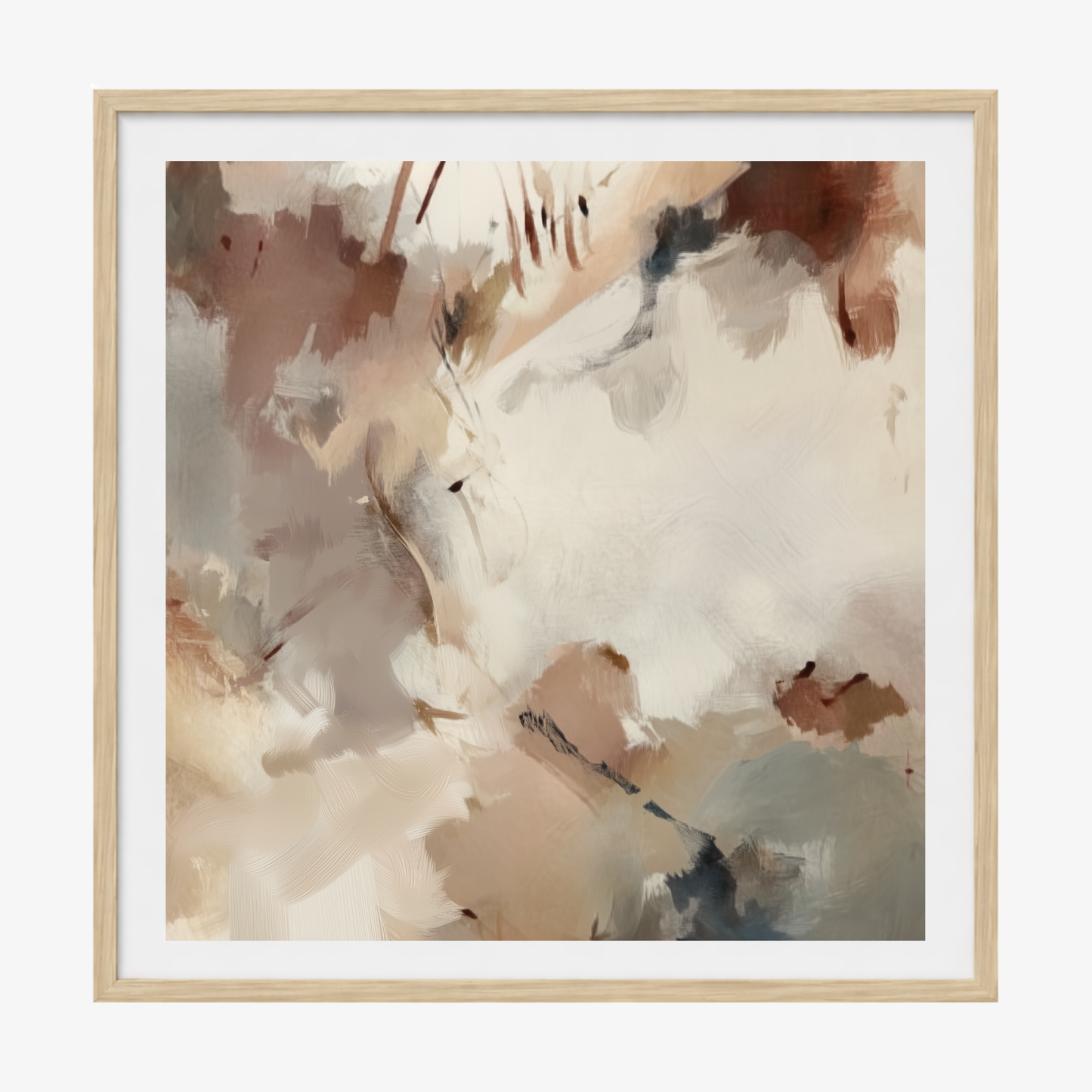 Silt I abstract artwork in oak frame styled on neutral wall with white border. 