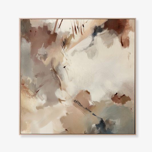 Silt I neutral abstract artwork in ivory, clay and muted blue-grey tones in oak frame