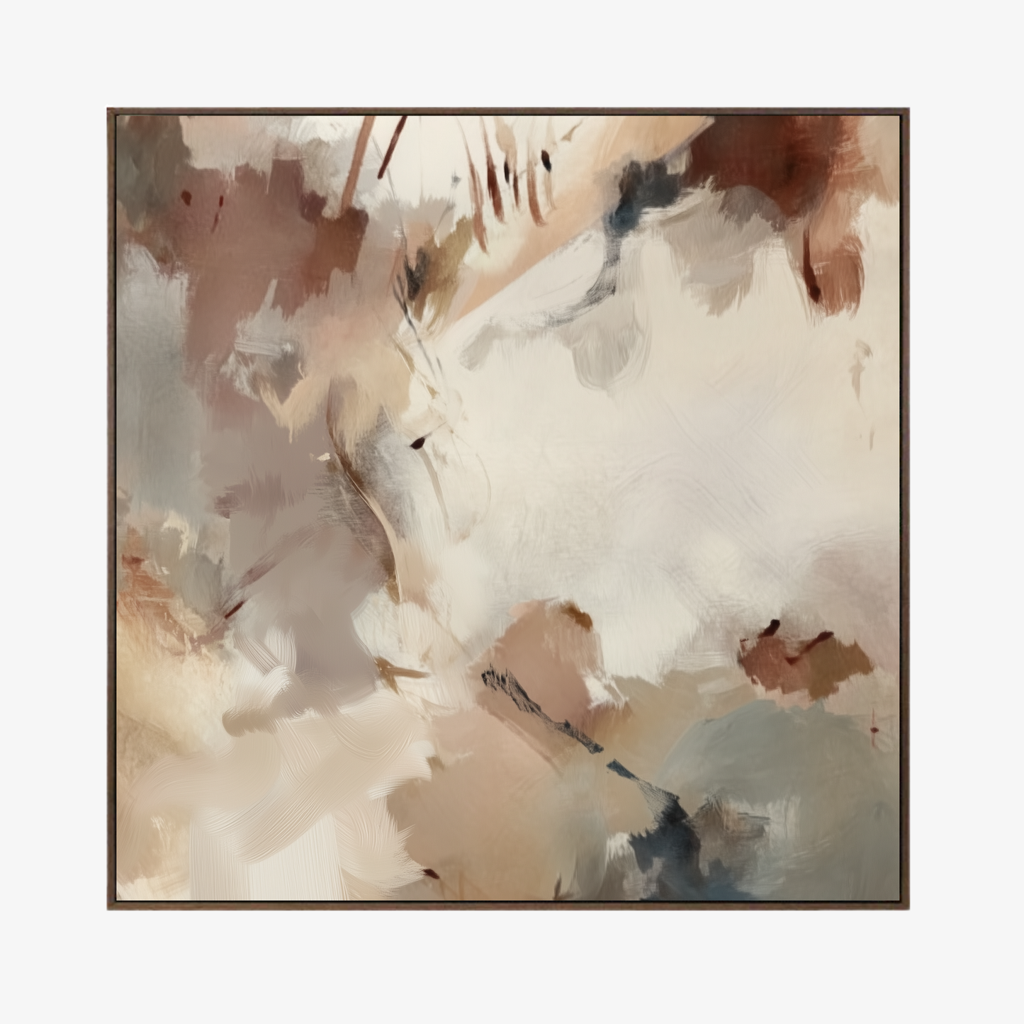 Silt I neutral abstract artwork in ivory, clay and muted blue-grey tones stretched canvas in walnut frame