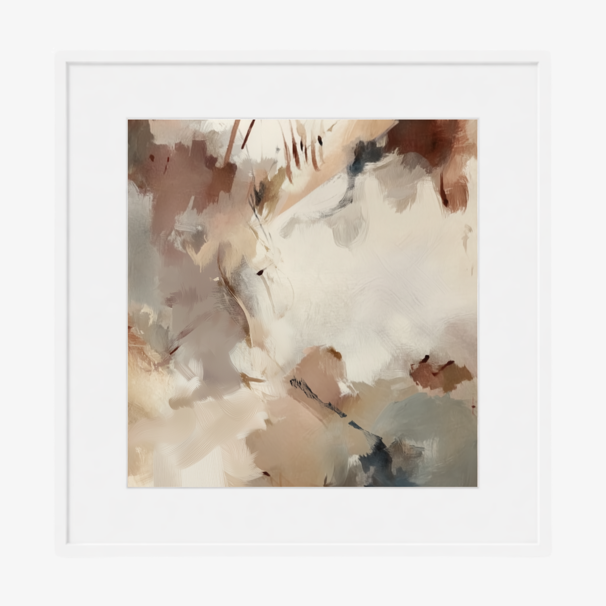 Silt I neutral abstract artwork in ivory, clay and muted blue-grey tones in white frame with white mat board. 