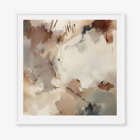 Silt I neutral abstract artwork in ivory, clay and muted blue-grey tones in white frame with white border. 