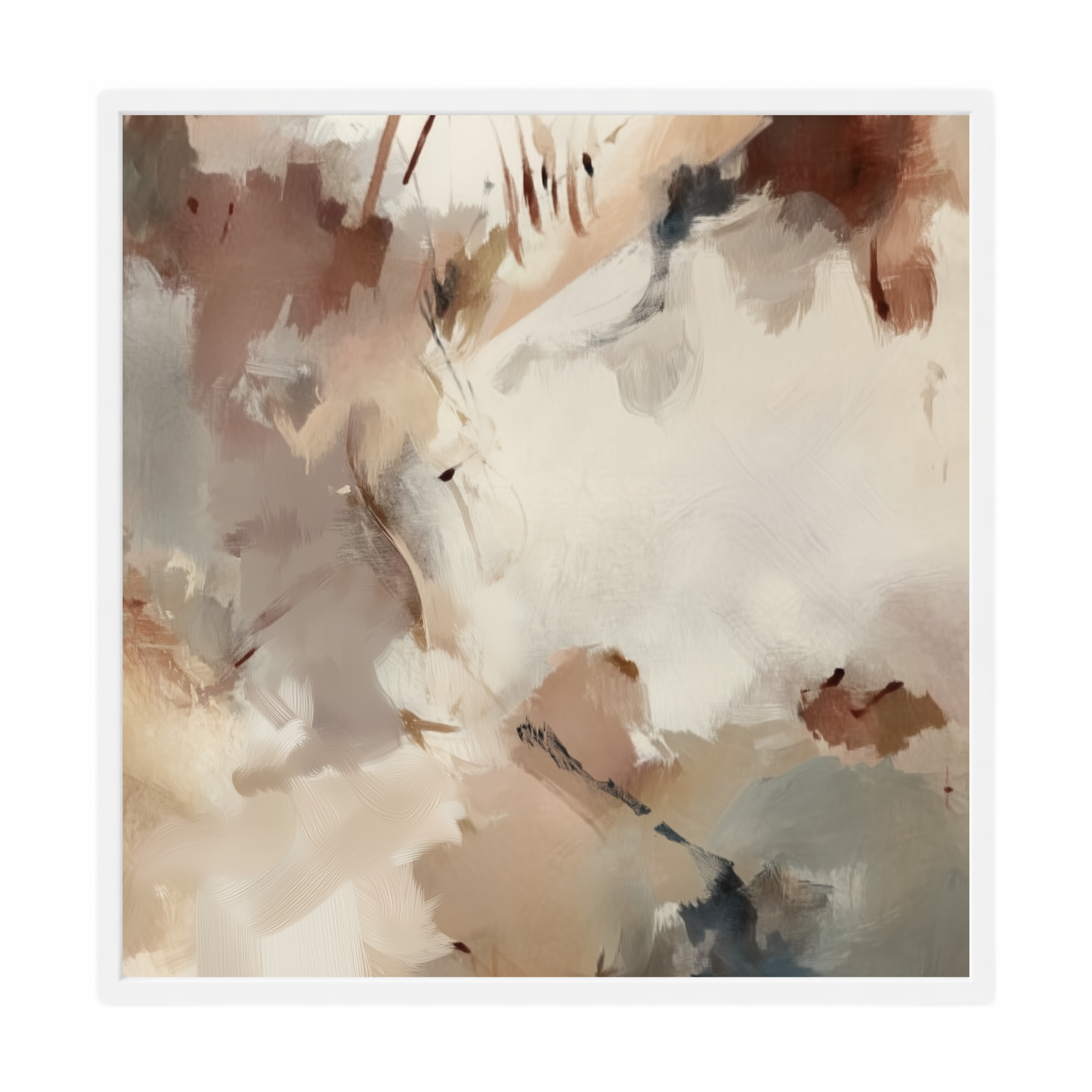 Silt I neutral abstract artwork in ivory, clay and muted blue-grey tones in white frame printed edge to edge. 