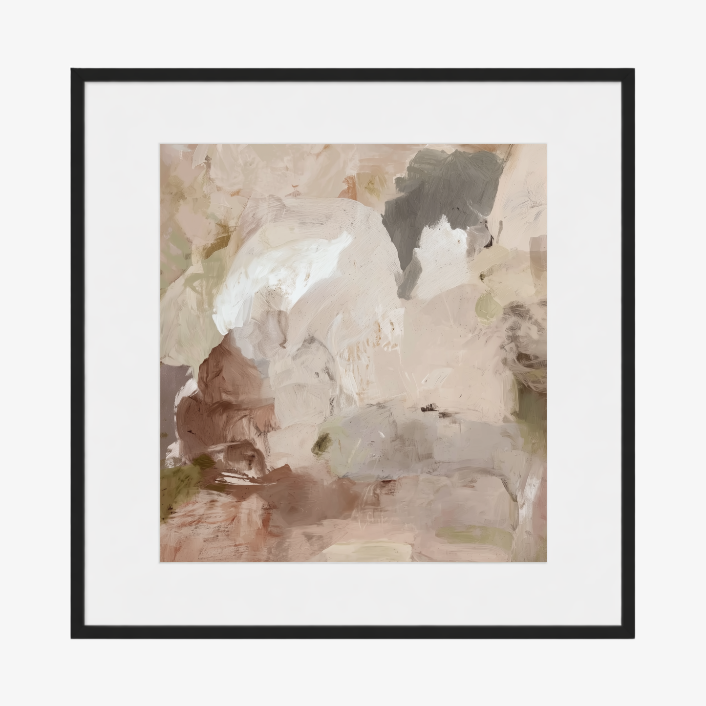 Framed artwork with black frame, mat board and Neutral abstract artwork with clay, stone and smoky grey tones