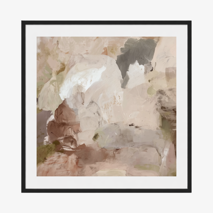 Stone and Silence framed artwork with white border and black frame. Neutral abstract artwork with clay, stone and smoky grey tones
