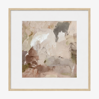 Stone and Silence Neutral abstract artwork with clay, stone and smoky grey tones framed in an oak frame and white mat board. 
