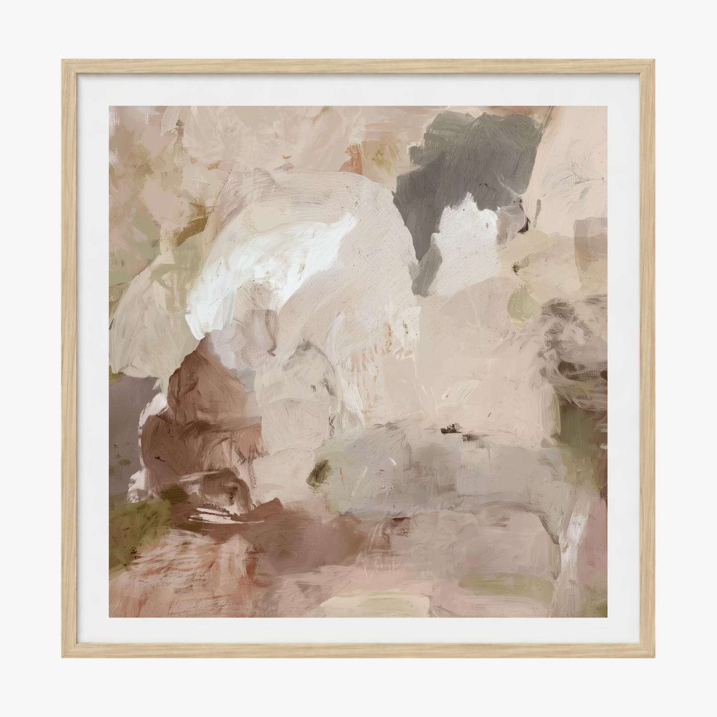 Stone and Silence Neutral abstract artwork with clay, stone and smoky grey tones framed in an oak frame and white border. 