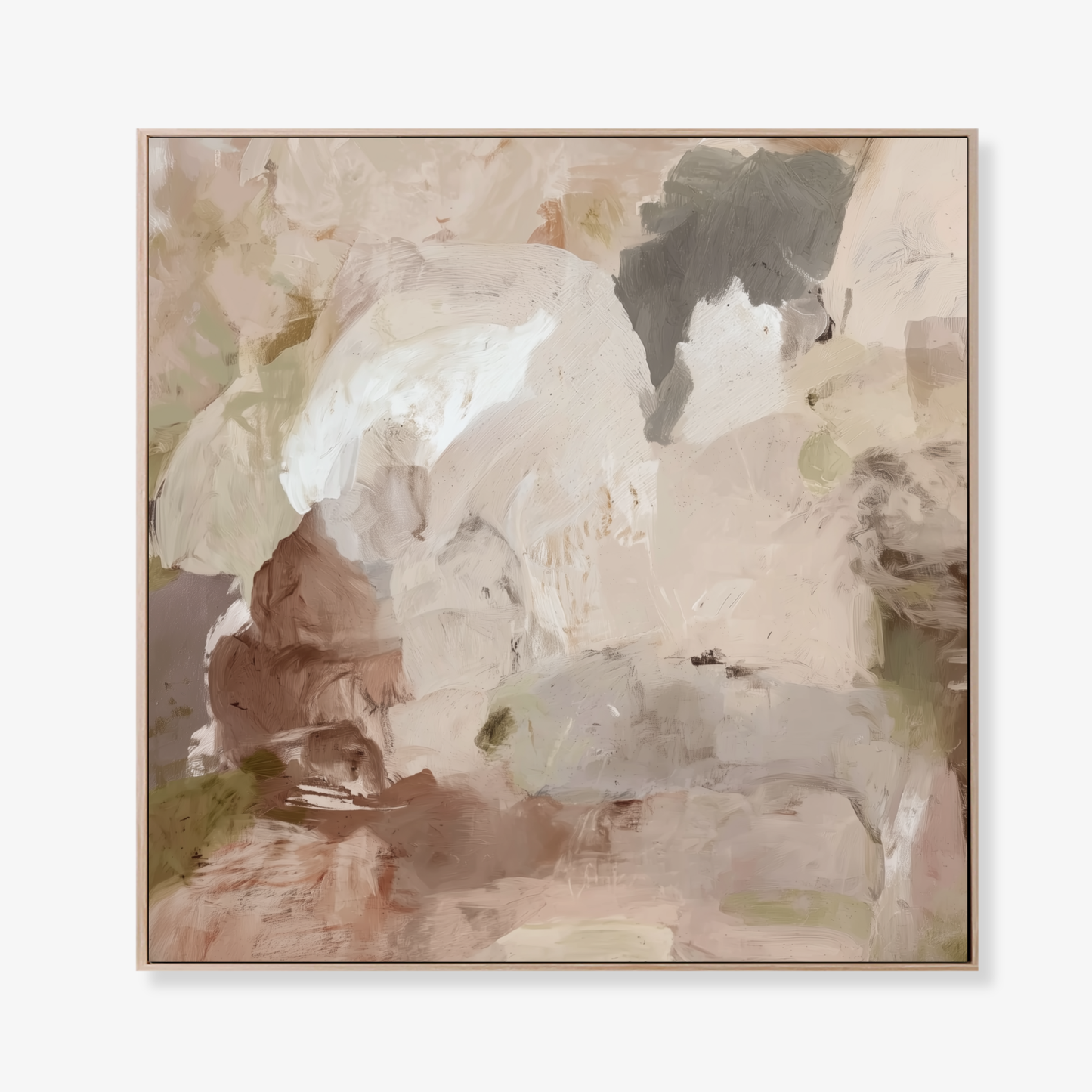 Stone & Silence Abstract art piece with soft, pastel colors in an oak frame