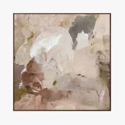 Stone and Silence neutral abstract artwork with clay, stone and smoky grey tones in a walnut frame