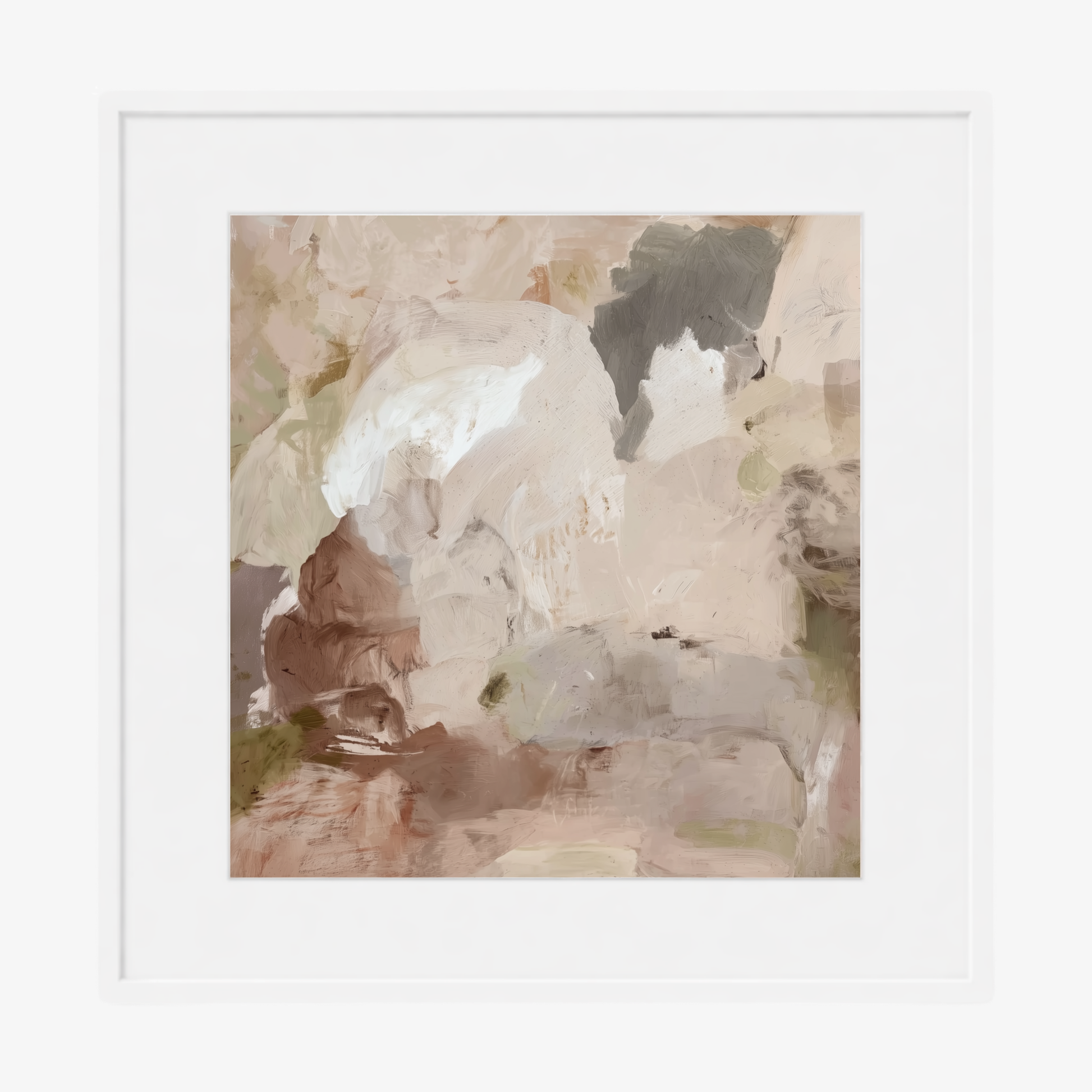 Stone and Silence framed artwork with white mat board and white frame. Neutral abstract artwork with clay, stone and smoky grey tones