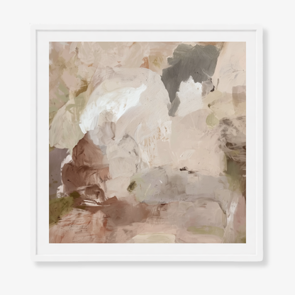 Stone and Silence framed artwork with white border and white frame. Neutral abstract artwork with clay, stone and smoky grey tones
