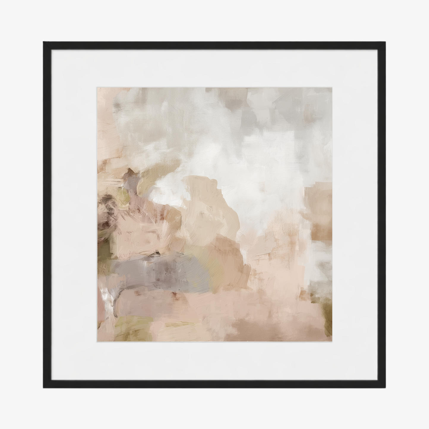 Framed abstract art print with soft, pastel colors. Framed in a black frame with white mat board. 