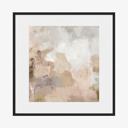 Framed abstract art print with soft, pastel colors. Framed in a black frame with white mat board. 
