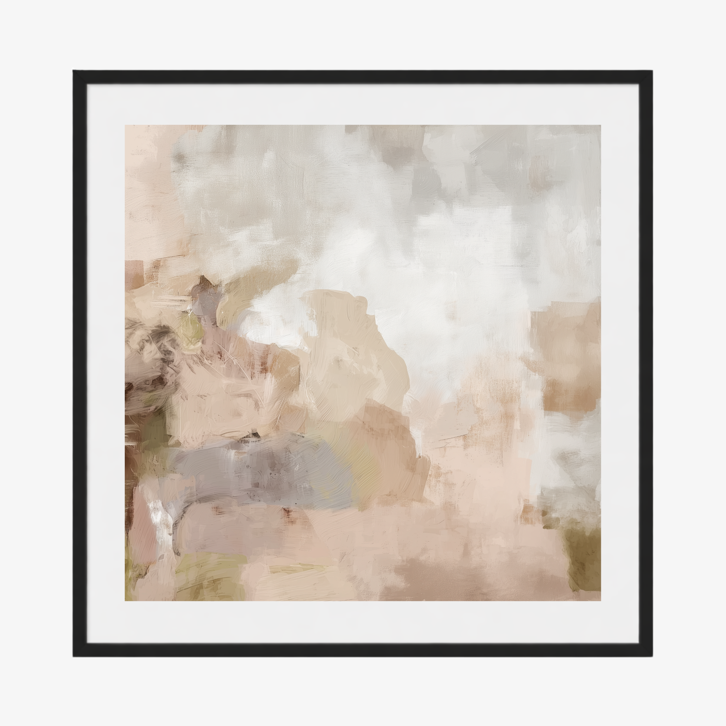 Framed artwork with abstract design in soft colors with a white border in a black frame. 