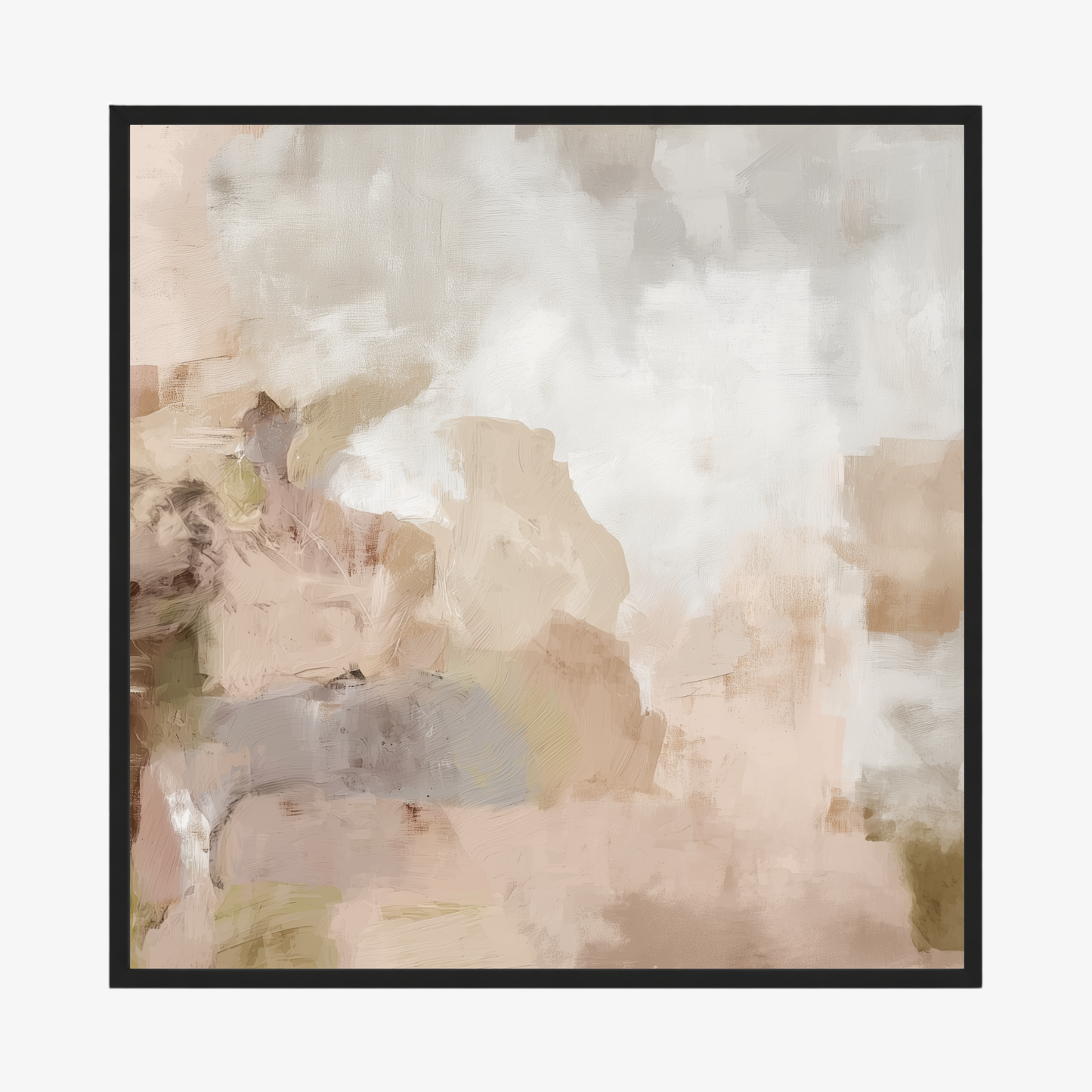 Abstract art print with soft, pastel colors in a black frame, printed edge to edge. 
