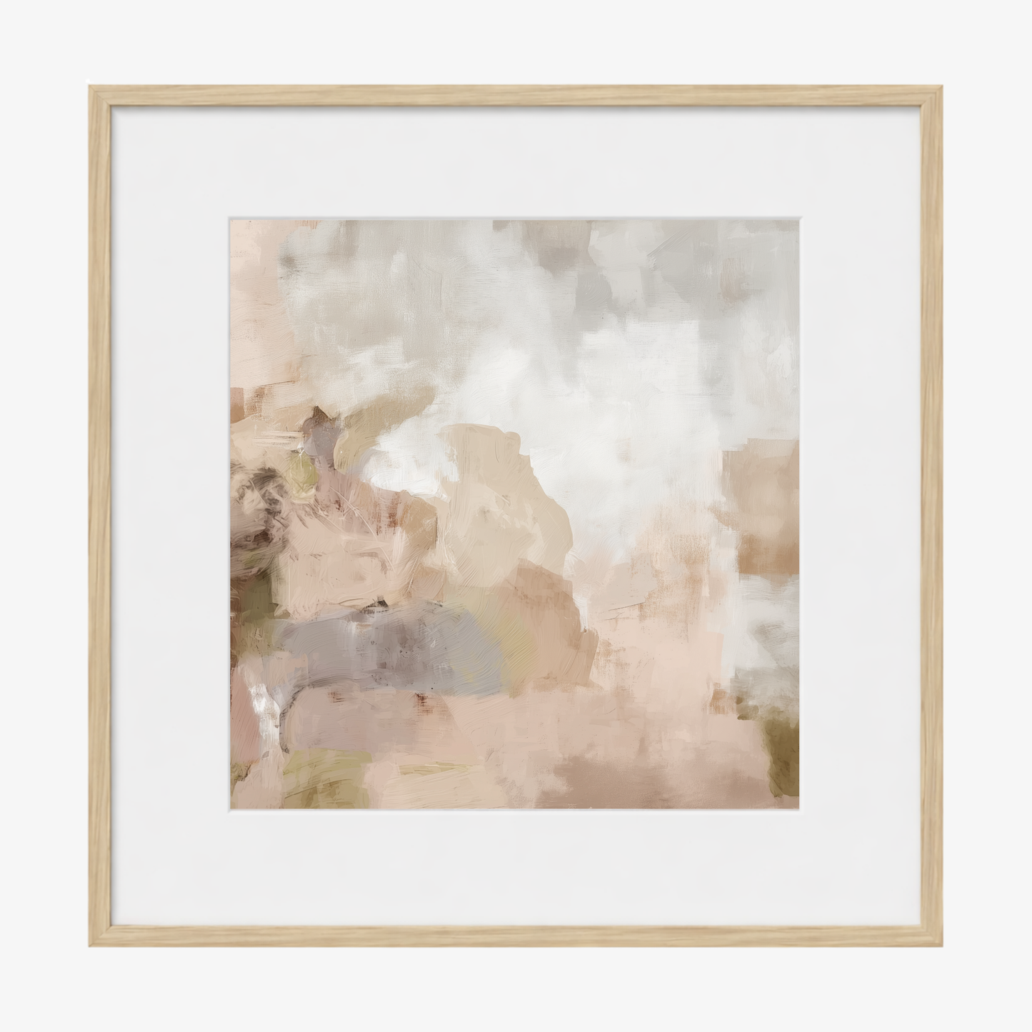 Framed abstract art print with soft colors with a white mat board and oak timber frame. 