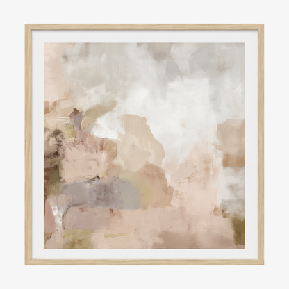 Framed abstract art with soft, pastel colors with a hite border in a oak timber frame.