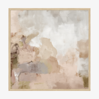Abstract art print with soft pastel colors in a oak frame on a white background