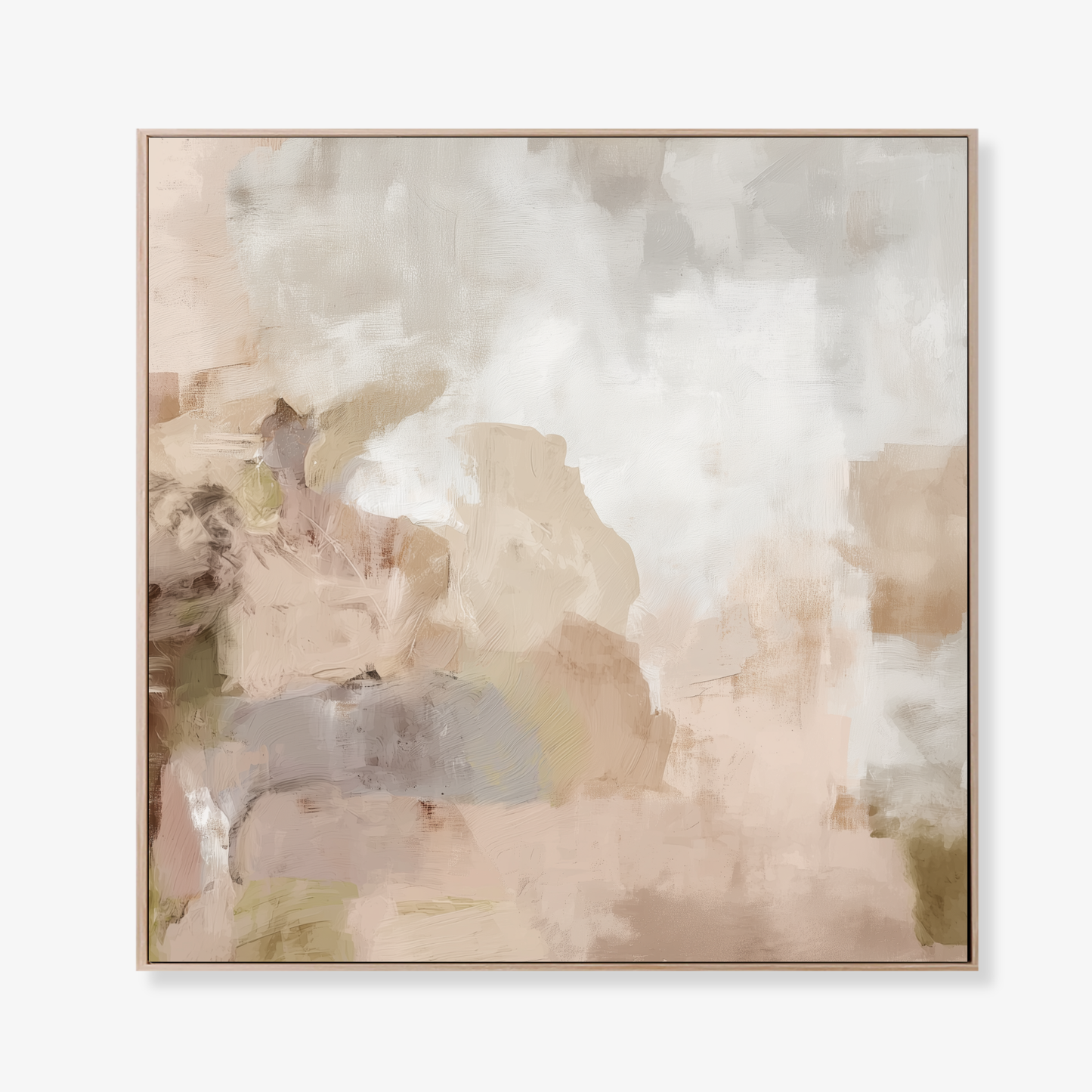 Study in Calm minimal neutral abstract artwork with soft stone and blush tones framed as a canvas print in an oak float frame