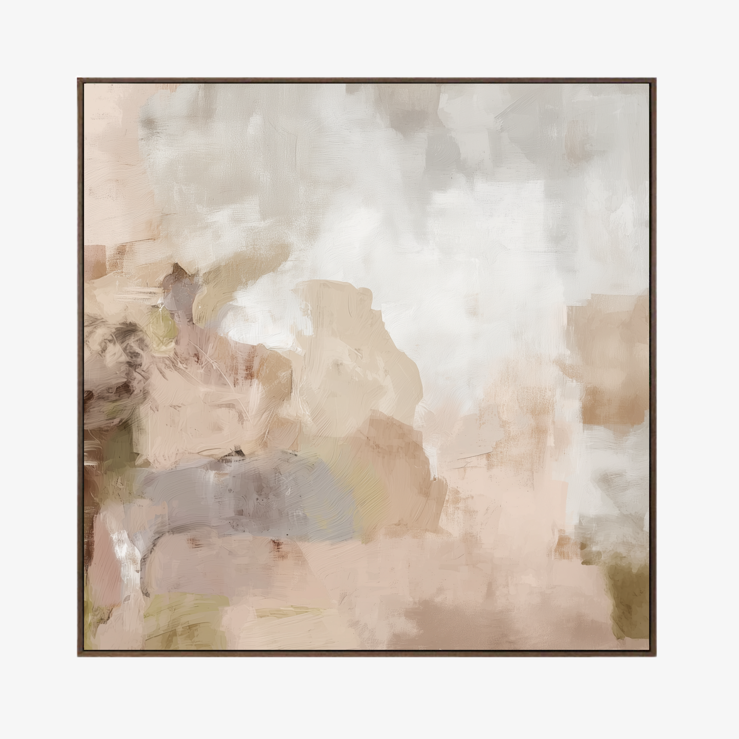 Study in Calm minimal neutral abstract artwork with soft stone and blush tones framed as a canvas print in an walnut float frame