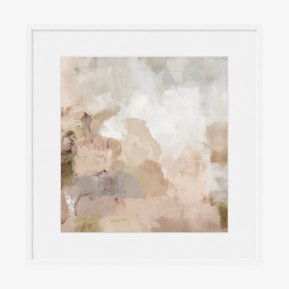 Framed abstract art with soft beige and white colors, framed in white with a white mat board.