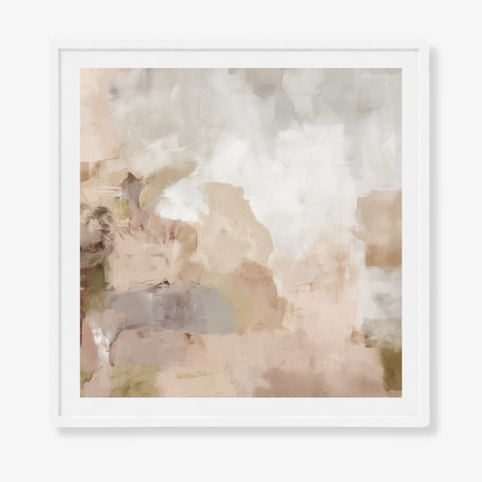 Study in Calm minimal neutral abstract artwork with soft stone and blush tones with a white border and white frame