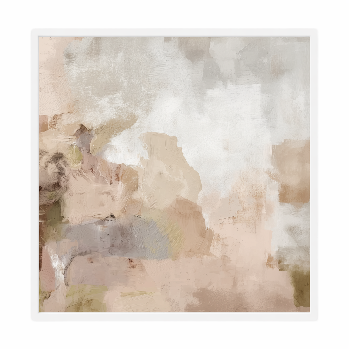 Abstract art piece with soft beige, brown, and white colors in a white frame printed edge to edge. 