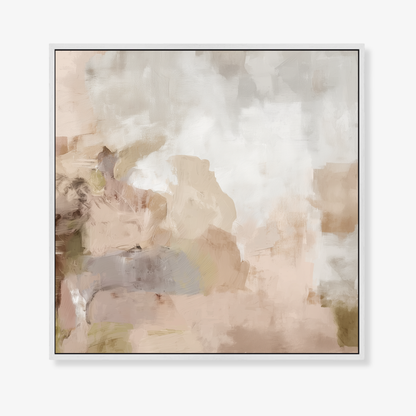 Study in Calm minimal neutral abstract artwork with soft stone and blush tones framed as a canvas print in a white float frame